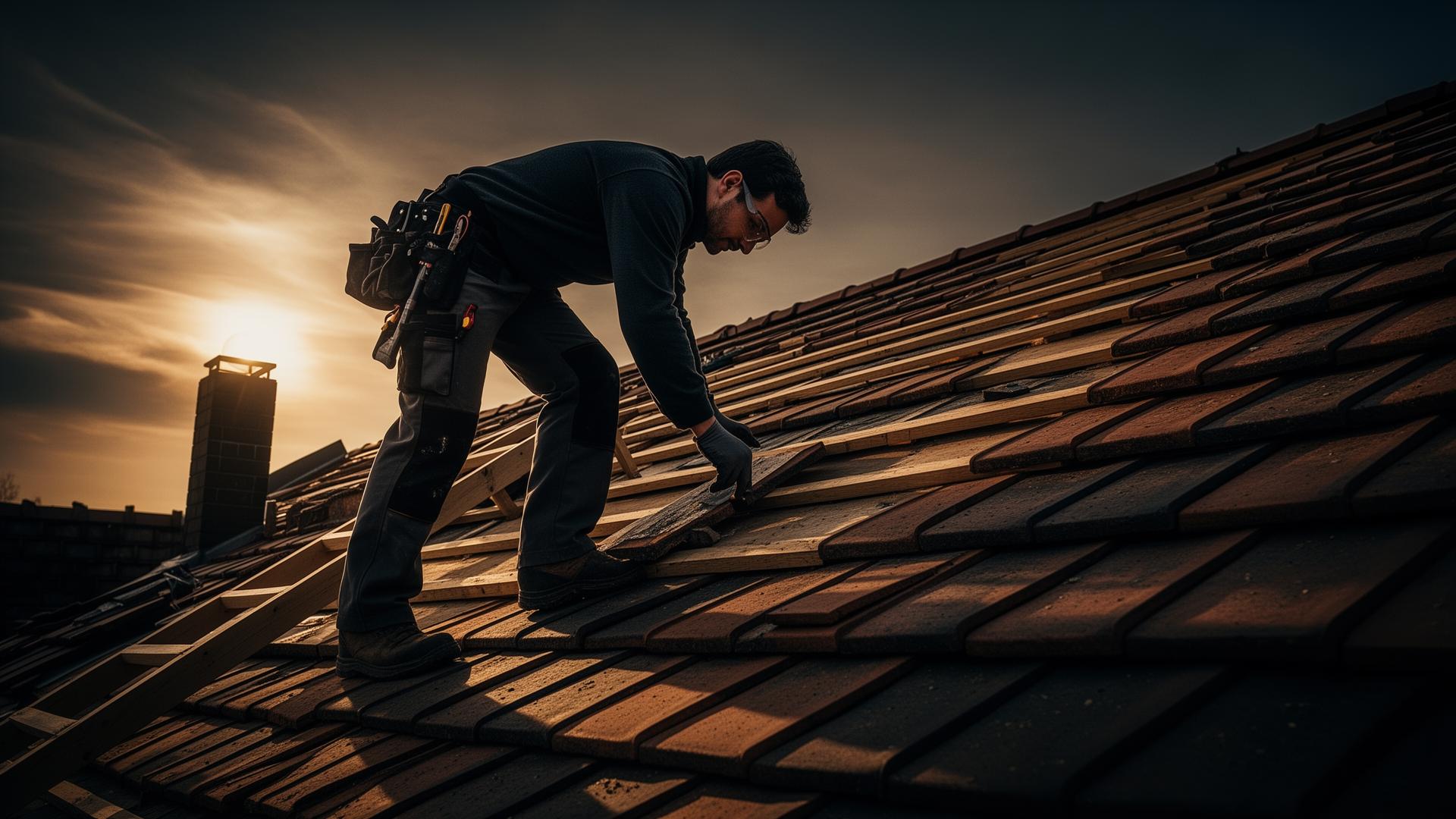 Dachdecker bei der Arbeit auf einem frisch gedeckten Dach